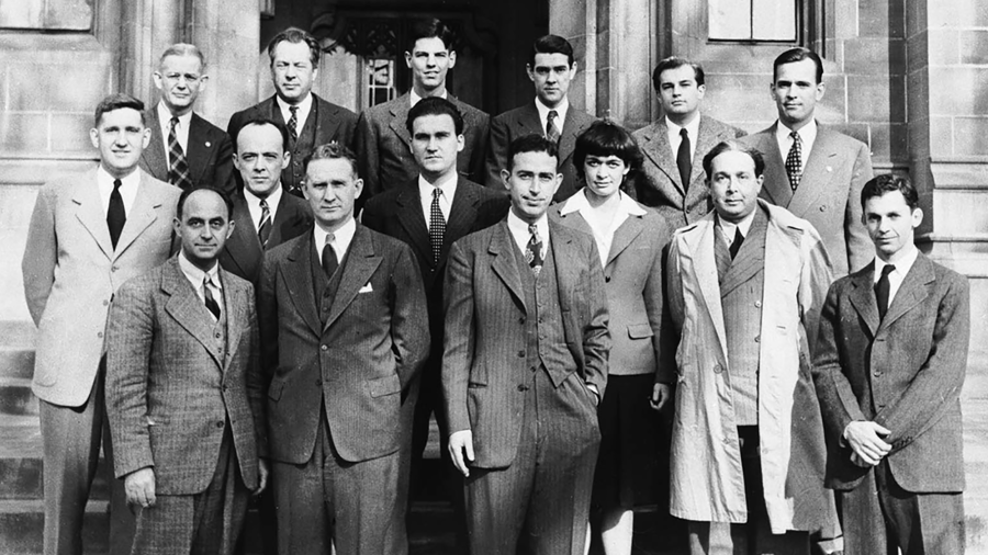 The University of Chicago team that worked on the Chicago Pile-1, the first nuclear reactor, included in the front row Enrico Fermi, left, and Walter Zinn, second from left; and in the second row Harold Agnew, left, Leona Woods, second from right, and Leo Szilard, right. / Los Alamos National Laboratory photo