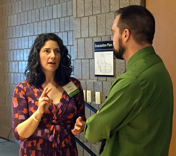 Ann Brand, UW-Stout associate lecturer, talks about mindfulness after a presentation sponsored by the Initiative to Create the UW-Stout Center for the Study and Promotion of Health and Wellbeing