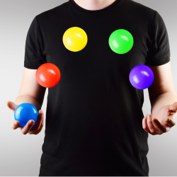 A man in a black t-shirt has a blue ball resting in his right hand and four other balls—orange, yellow, green, and purple—juggling in the air.