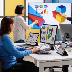 Team members are pointing at a larger digital display