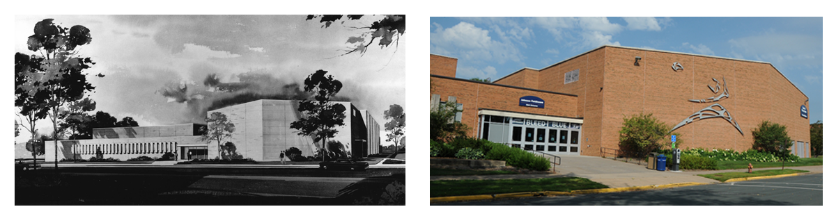 Side by side of the Johnson Fieldhouse in 1964 and 2020.