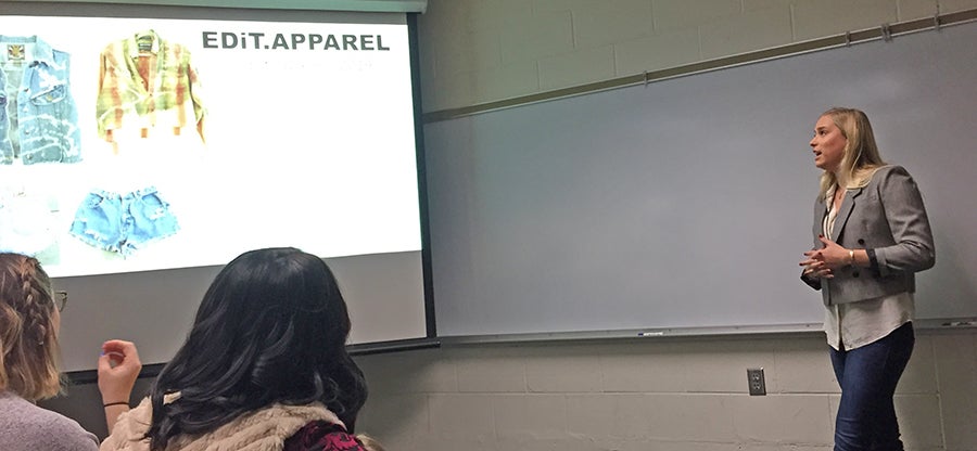 Kaylyn Kubishak makes her presentation on her apparel business Nov. 13 at UW-Stout.