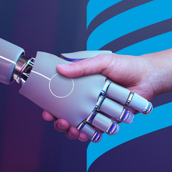 A human hand and a white robotic hand shake hands against a purple and blue abstract background.