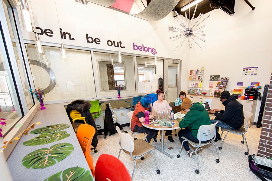 The new Qube offers colorful décor and both public and private spaces for students to meet.