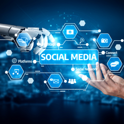 A robotic arm and human hand reaching toward a glowing network of social media icons and platform labels on a blue background