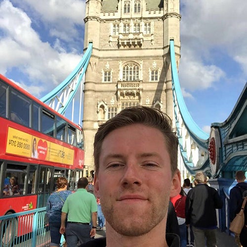Maxwell Corner takes a selfie on London Bridge while studying abroad at the University of Westminster last fall.