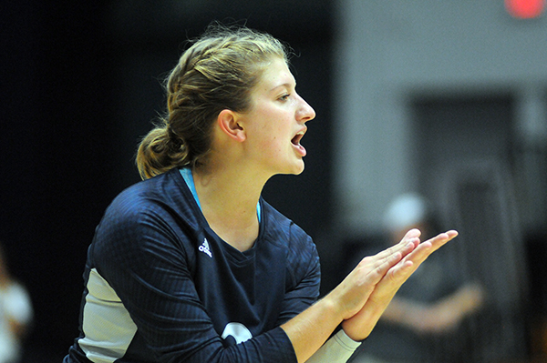 ​​​​​​​Jessica DuVal celebrates during a UW-Stout volleyball game.