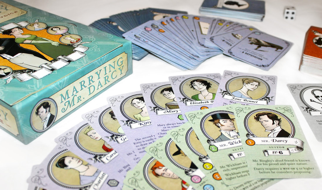 Marrying Mr. Darcy: The Pride and Prejudice Card Game is based on the female characters from the novel striving to improve themselves, using their cunning to attract a suitor and marry well.