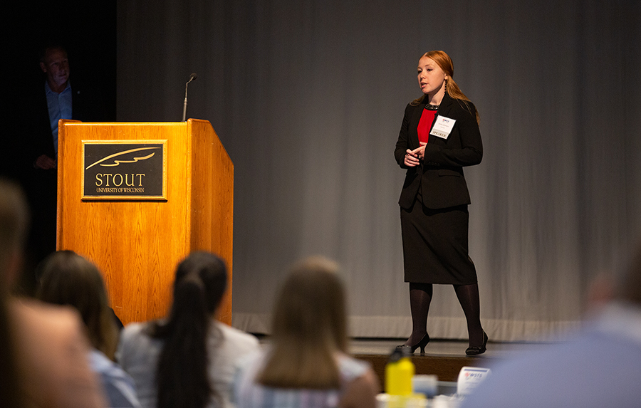 Emily Lehmann gives her Quick Pitch state final presentation on cheese safety at the Wisconsin Science and Technology Symposium, which was held in July at UW-Stout.