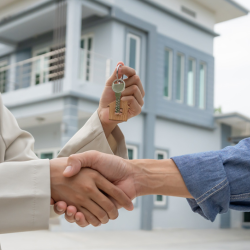 Lease, rental and selling home. Real estate agent manager shaking hand.