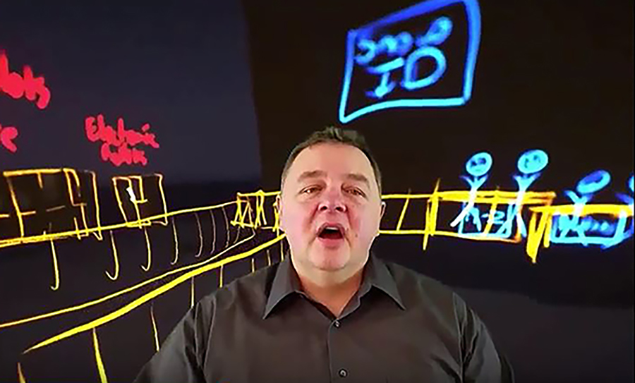 Kevin W. Tharp appears in a virtual reality teaching video that he created.