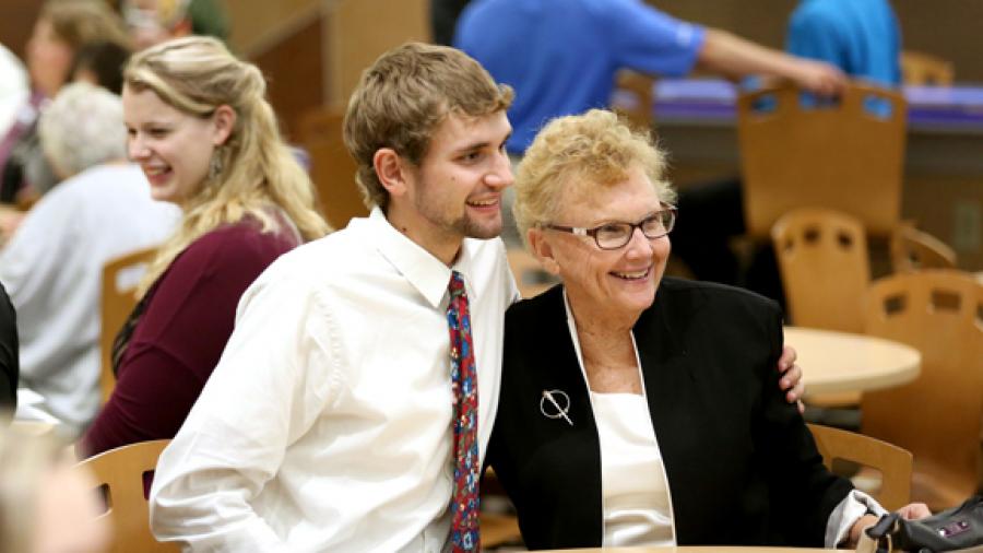 UW-Stout student Sylas Rehbein, of Viroqua, poses for a photo with donor Patricia Rose Rooney after receiving the Homer C. Rose Memorial Scholarship during a scholarship program Sept. 14 on campus. Rehbein is majoring in mechanical engineering