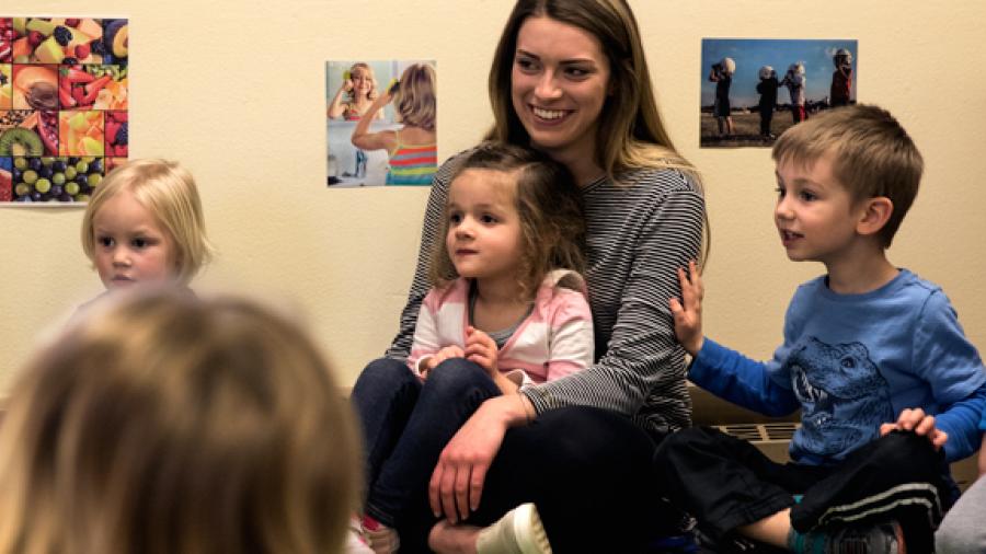 Madison Sesker, an early childhood education major, works with children at UW-Stout’s Child and Family Study Center. The annual Early Childhood Education Conference is April 28-29