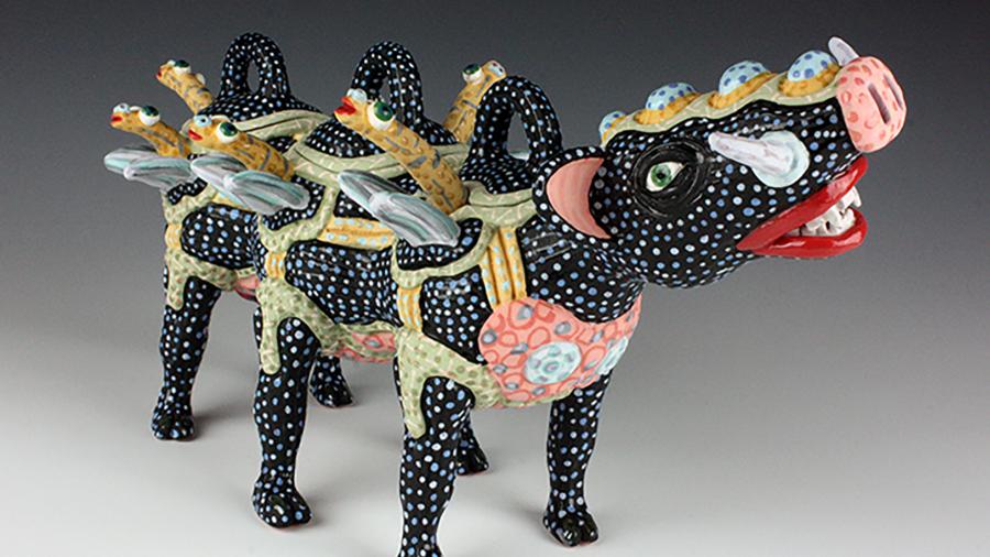 “Akio,” a triple-lidded ceramic container, is one of 15 pieces by Molly Uravitch, a UW-Stout instructor, that will be on exhibit beginning March 1 at the Charlie Cummings Gallery in Florida.