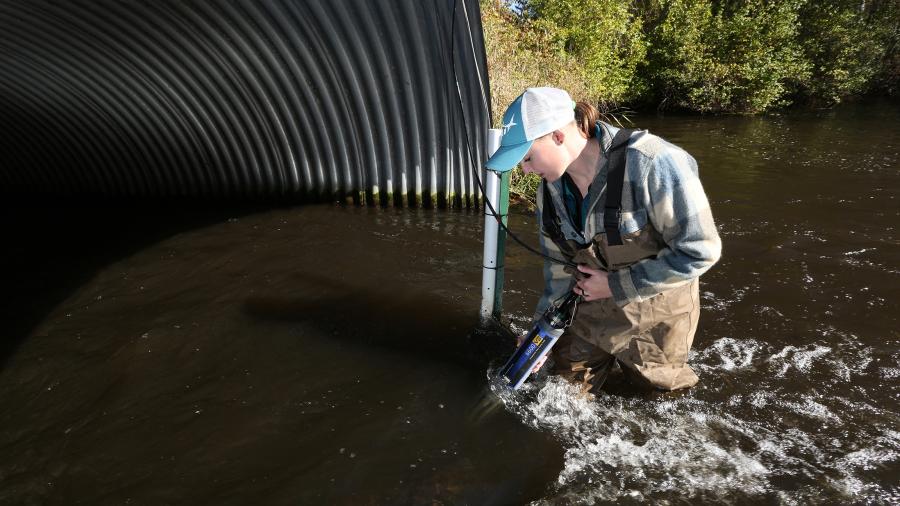 A UW-Stout student checks the water clarity of Cedar Lake in Star Prairie for the university’s Center for Limnological Research and Rehabilitation.