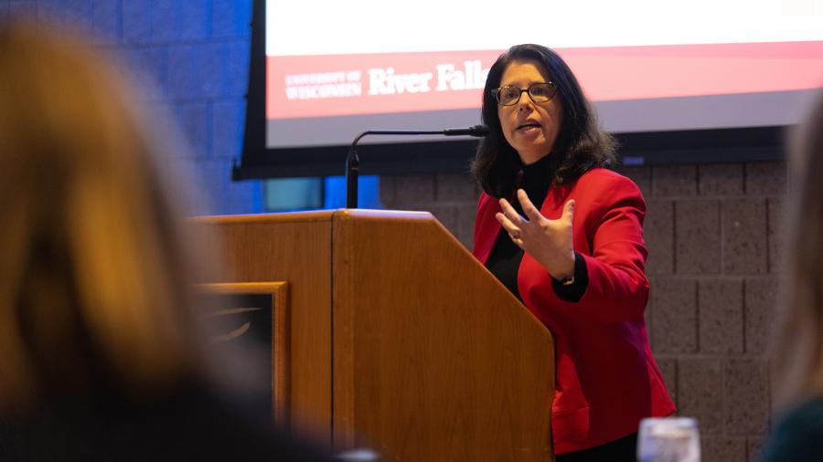UW-River Falls Chancellor Maria Gallo speaks at the luncheon.