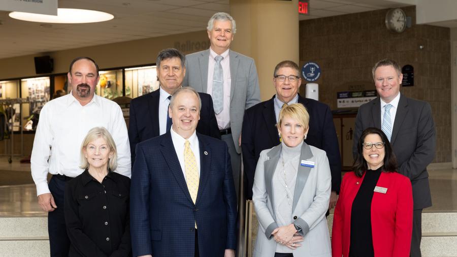 A legislative luncheon hosted April 4 at UW-Stout featured university chancellors, area lawmakers and UW System officials. Front row from left, state Sen. Janet Bewley, UW-Eau Claire Chancellor James Schmidt, UW-Stout Chancellor Katherine Frank and UW-River Falls Chancellor Maria Gallo. Back row, state Rep. Clint Moses, UW System Board of Regents President Ed Manydeeds, state Sen. Jeff Smith, state Rep. David Armstrong and state Rep. Rob Summerfield. Missing is state Rep. Warren Petryk.