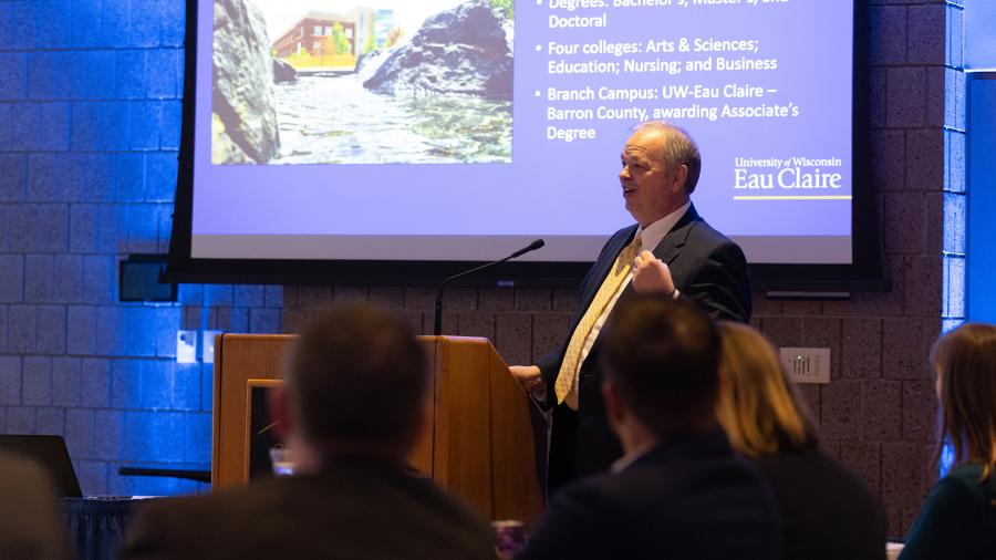 UW-Eau Claire Chancellor James Schmidt speaks at the luncheon.