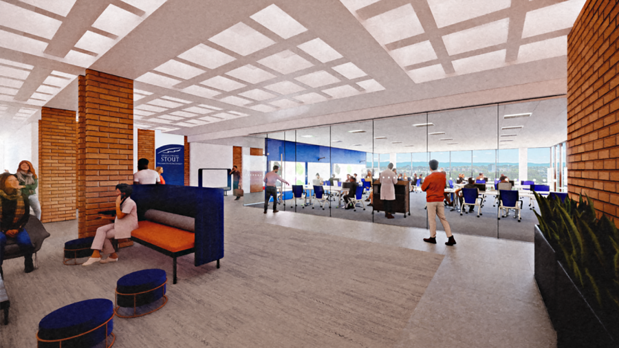 Renovations to the interior of Heritage Hall will include removing partitions to create a more open learning environment and flexible spaces. / Architectural rendering