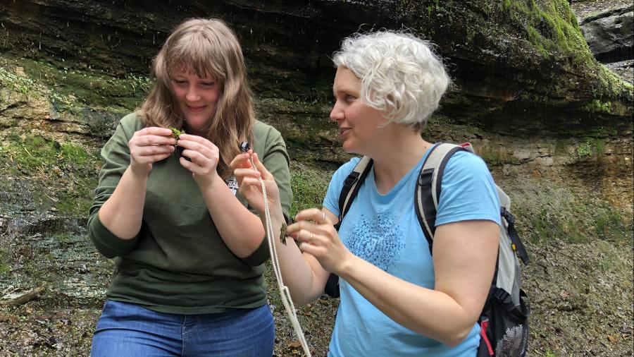 Student Britney Serafina, left, and Professor Amanda Little talk about their plant research at Devil’s Punchbowl.
