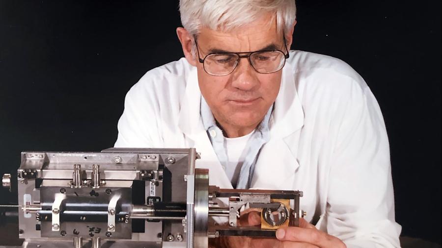 Herbert “Herb” Riebe works on an apparatus as part of his job with Lawrence Berkeley National Lab.