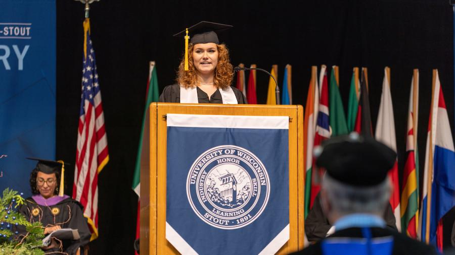Willa Rodencal speaks at the undergraduate commencement ceremony on Dec. 17.