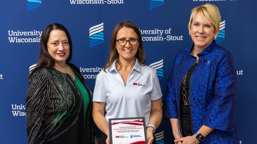 From left, Board of Regents President Karen Walsh, 3M Menomonie Site Manager Janice Neitzel and UW-Stout Chancellor Katherine Frank gather after the Regents award presentation.