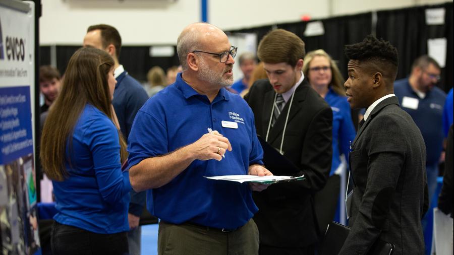 Students meet with employers at UW-Stout’s recent Spring Career Conference, which drew more than 325 companies from around the state and nation.