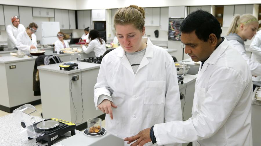 UW-Stout Assistant Professor Pranabendu Mitra works with a student in a food science lab.