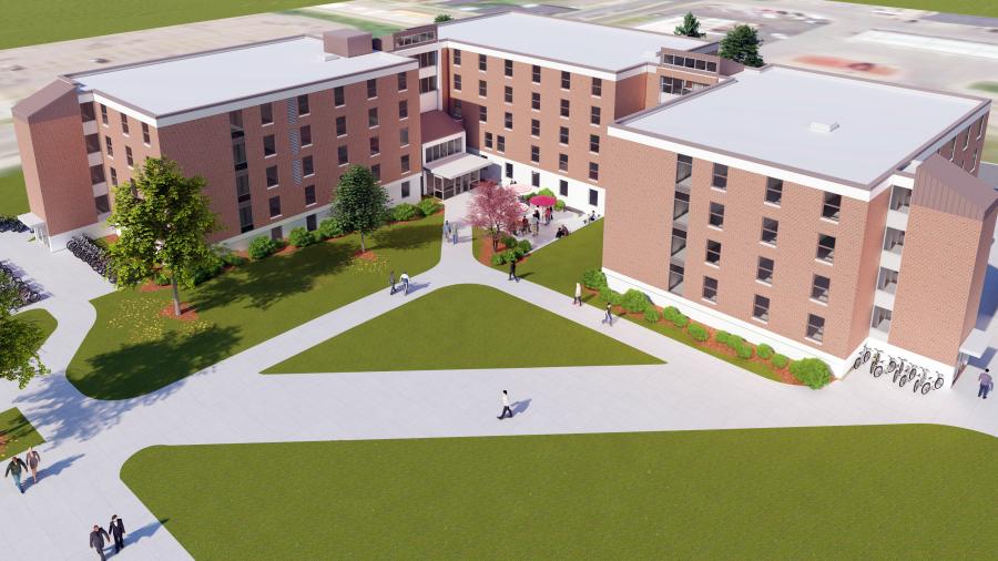An architectural rendering shows the new central entrance on the north side of South Hall. The previous main entrance was on the south side of the building.