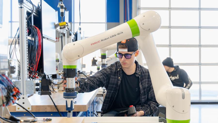 Technical and community college students, like these in the smart manufacturing lab at Northcentral Technical College, can finish an automation leadership degree at UW-Stout.
