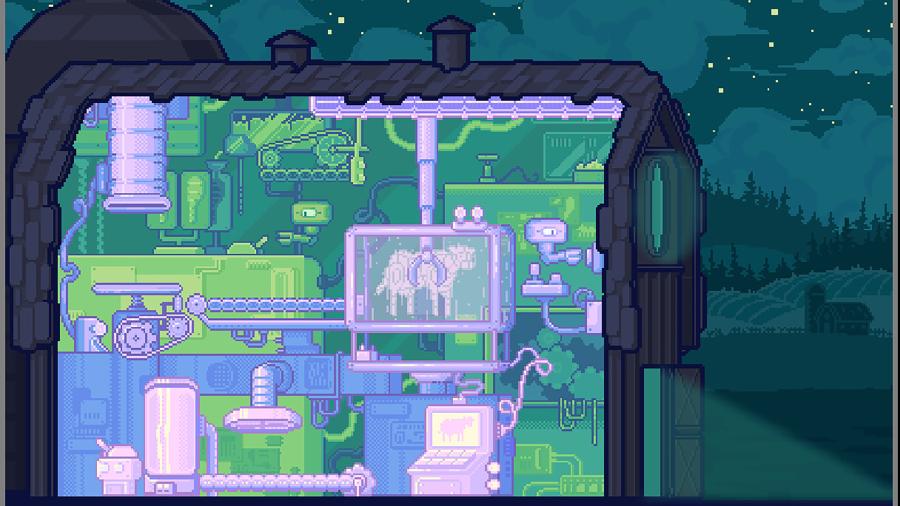 UW-Stout student Aden Weisser won two awards at M+DEV for “Mooving Parts,” a pixel art animation of a robotic cow factory.