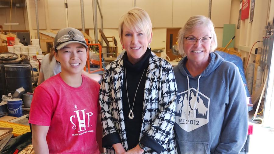 Ellie Becker, Chancellor Frank and Mary Bygd in the Construction Lab