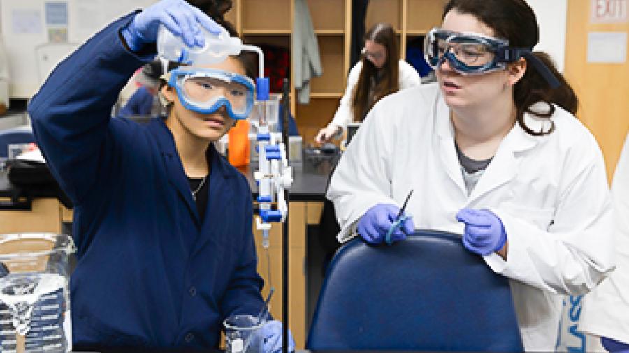 Students collaborate on hands-on experiment in Chemistry Lab.