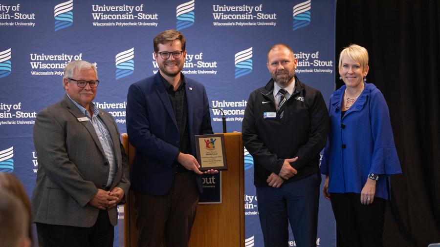Family Friendly Workplace award presentation, Mark Tyler, Neil Kline, Terry McCann and Chancellor Katherine Frank