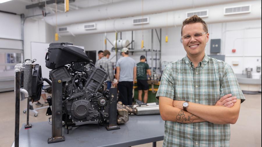 Two Indian Motorcycle engines donated by Polaris will be studied by mechanical engineering students at UW-Stout thanks to a professorship awarded Devin Berg, who has overseen development of a stand to hold and operate the engines for classes.