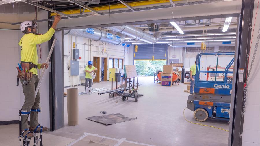 The renovation includes new, overhead garage doors in the labs, which are across the hallway from each other.