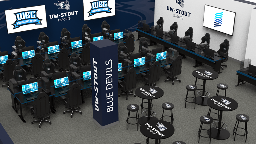 A rendering shows a potential interior of a new $1 million arena for the UW-Stout esports program on the first floor of the University Library, thanks to a gift from the Stout Foundation.