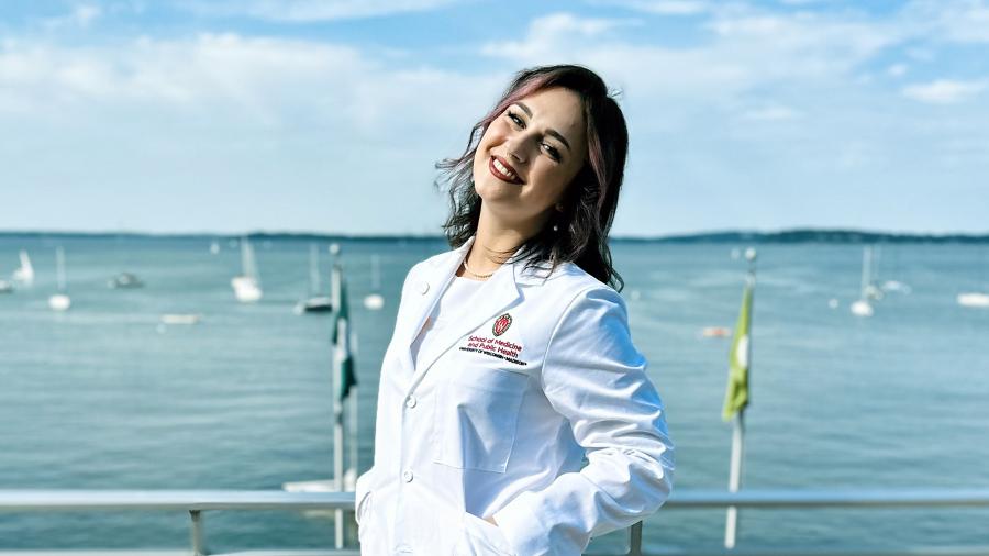 Anna Brooks, a 2023 UW-Stout applied science graduate with a focus on Prehealth Sciences, celebrated her white coat ceremony after beginning medical school this fall at UW-Madison.