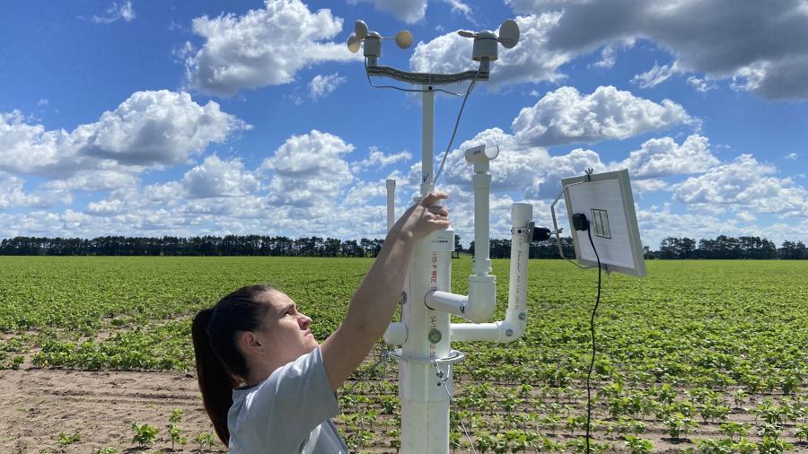 UW-Stout student Lindsey Redepenning works in a Chippewa Valley Bean field on a weather station that was developed as part of the Crop Per Drop project funded by the Freshwater Collaborative of Wisconsin.
