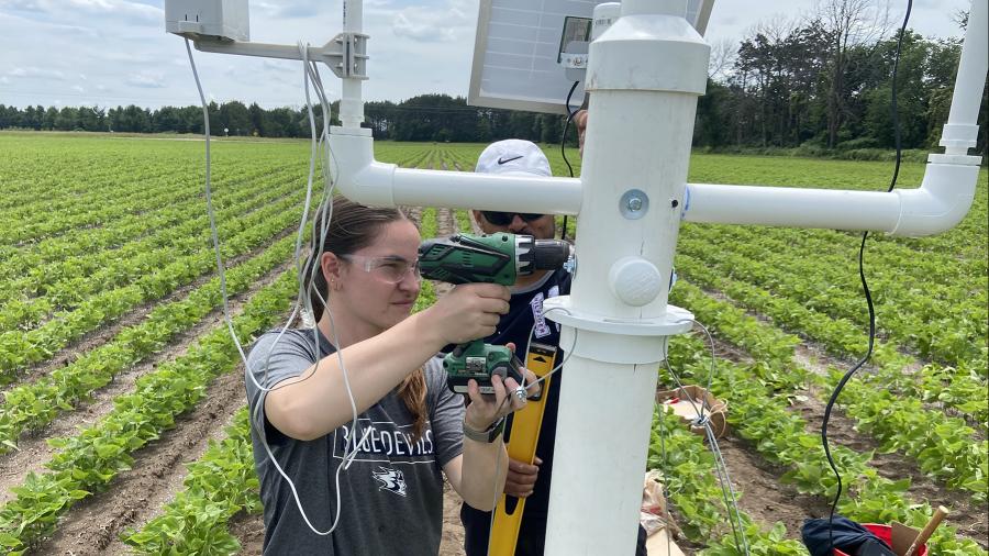 UW-Stout student Lindsey Redepenning works in a Chippewa Valley Bean field on a weather station that was developed as part of the Crop Per Drop project funded by the Freshwater Collaborative of Wisconsin.