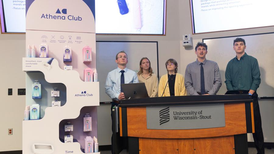 Students present their Athena Club product display solutions to Great Northern Corp. and Athena Club representatives on campus.