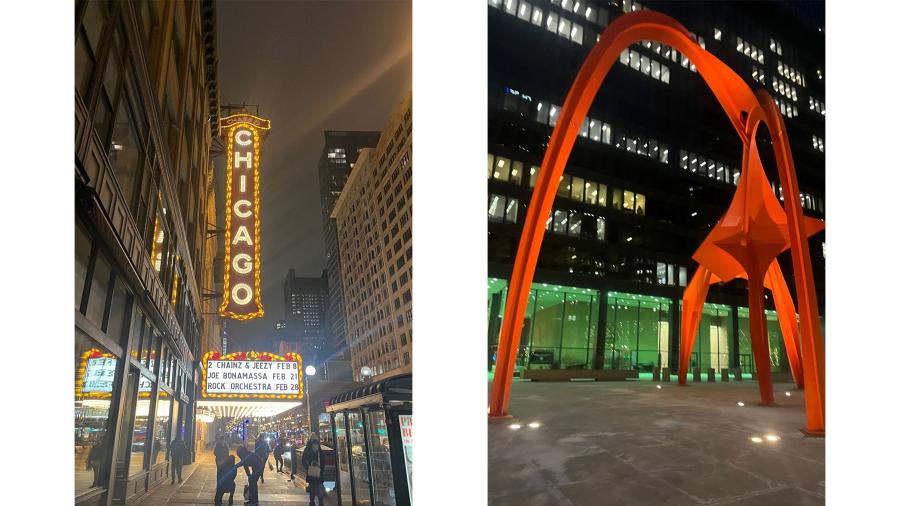 Side by side photos of the Chicago sign and Flamingo statue at night.
