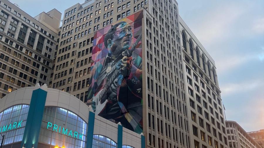A large mural of the Blues musician Muddy Waters.
