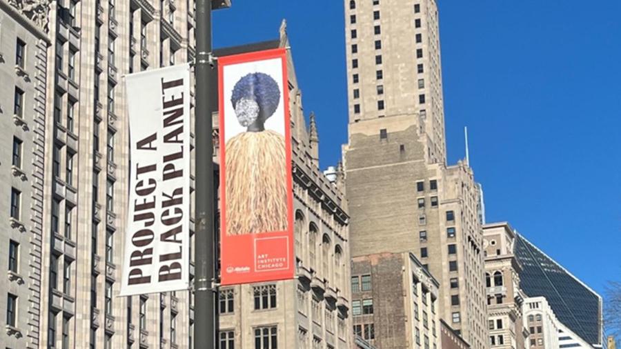 Sign for the exhibit Project a Black Planet, showing at the Institute of Art of Chicago.