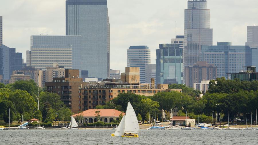 Image looking to shore from Lake Bde Maka Ska, formerly Lake Calhoun, the largest lake in Minneapolis.