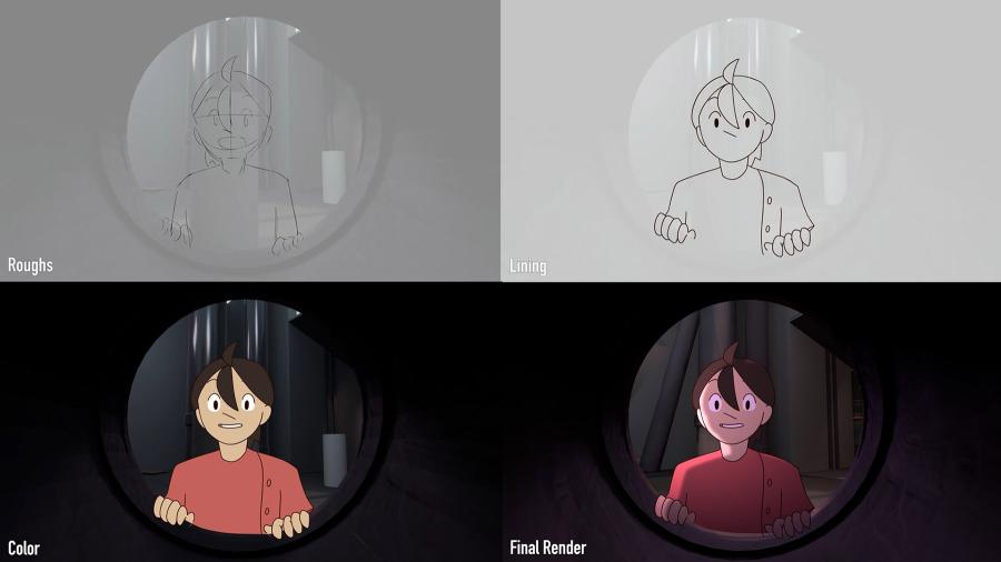 Four images show the evolution of the animation of a frame from "Jilly & Juno."