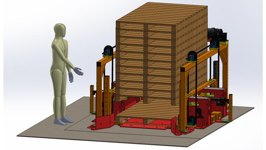 A digital model of a pallet stacking machine