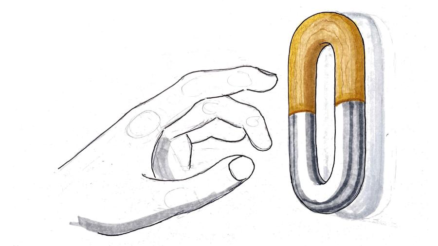 A digital drawing of a hand grasping for a coat hook, shaped like a chain link.