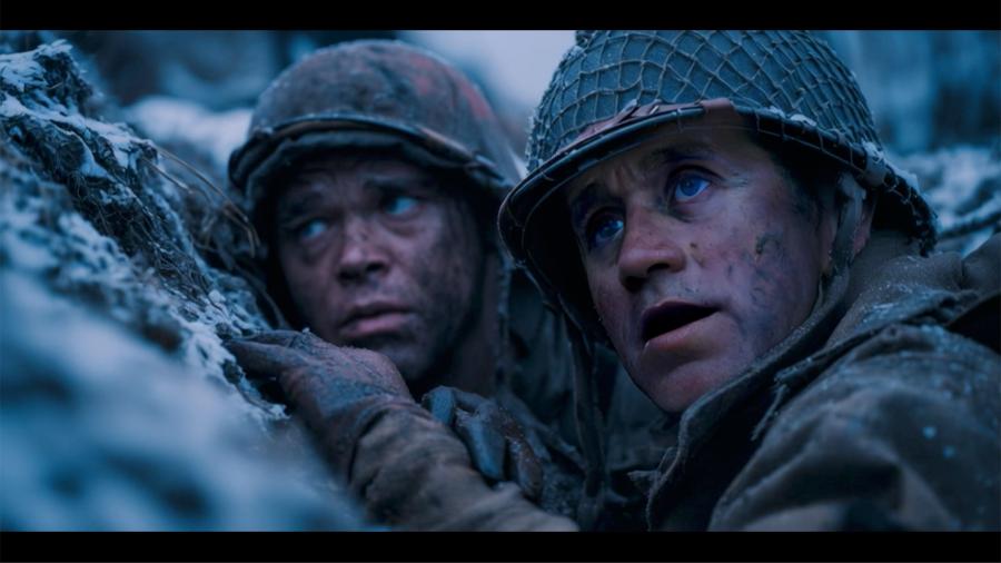An AI test frame of two soldiers in a foxhole in World War II, during the Battle of the Bulge.